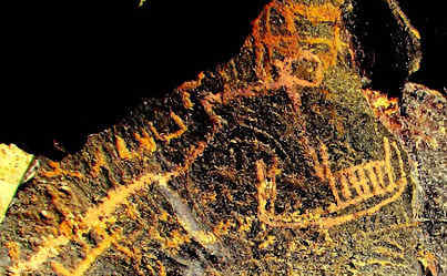 Negev Rock art that depicts the soul afterlife journey with a ship and a bird