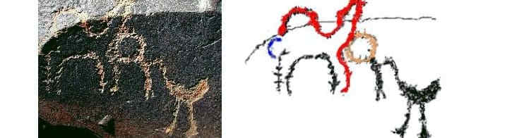 A Negev Desert rock art: Bird with the sun, baby, and a snake