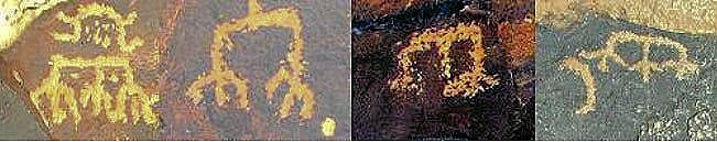 Ship masts, head, and tail, adorned with the tri-finger symbol, Negev Desert rock art