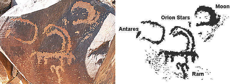 Detail of the Negev spring rock art panel with constellation overlay showing 
Orion, Aries, Scorpio positions